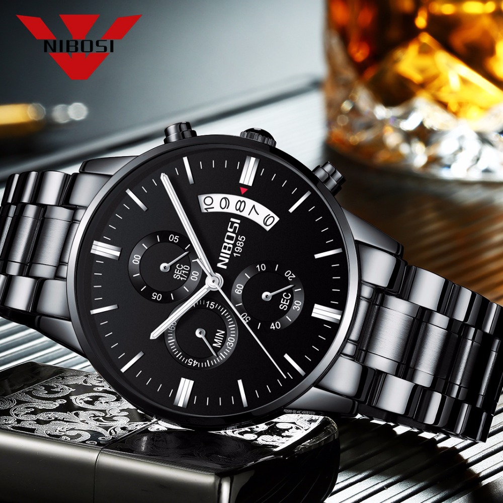Luxury Watch Maker - NIBOSI czarny zegarek kwarcowy ze stali