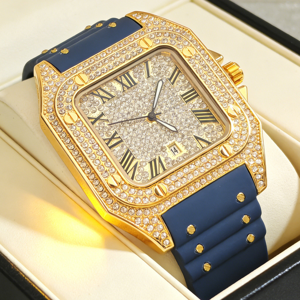 Luxury Watch Rubber Strap - Modny Zegarek Kwarcowy z Pełnym Diamentowym